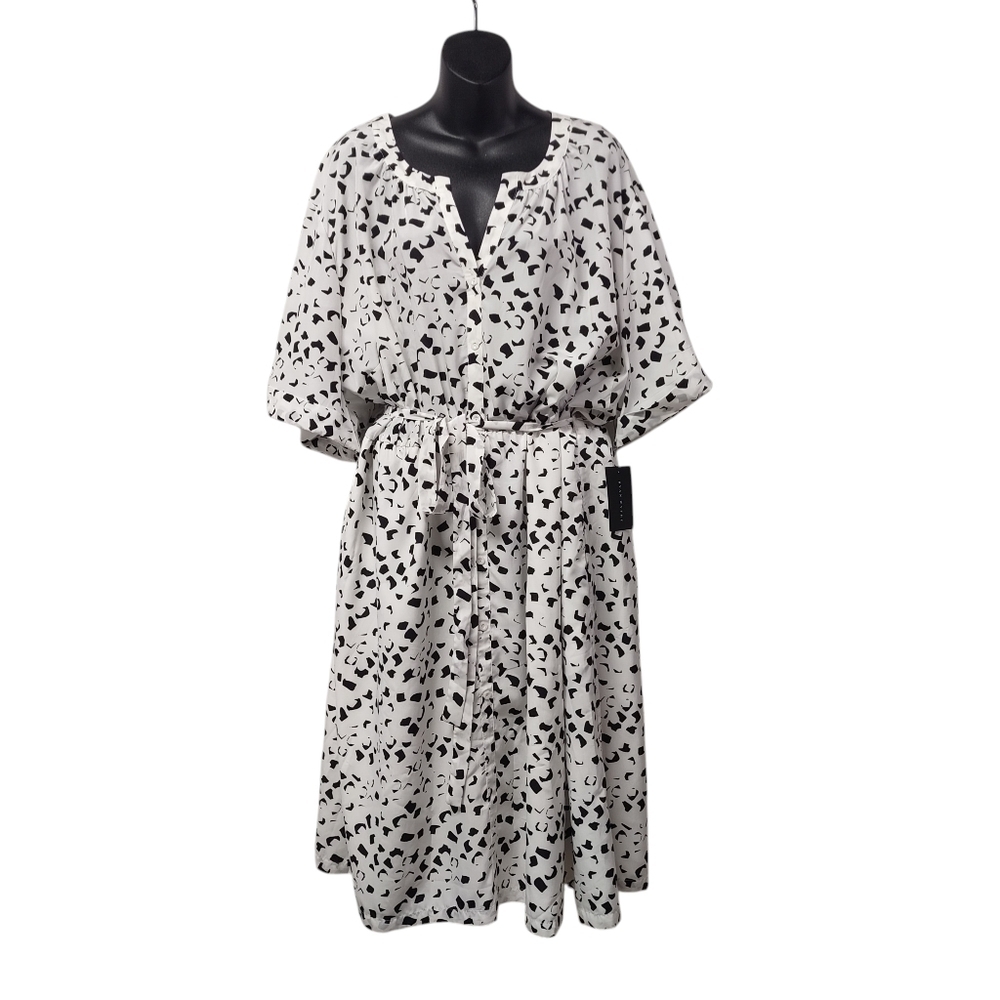 Ryan Wythe 5X Black White Abstract Print Shirt Dress Tie Waist Button Front NWT